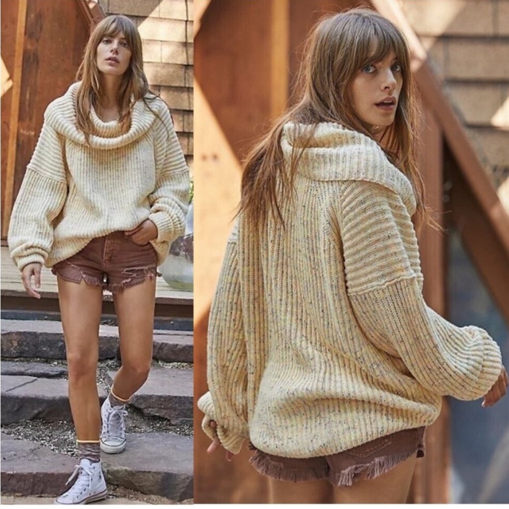 Free People Speckled Cream Oversized Cowl Neck Sweater XS